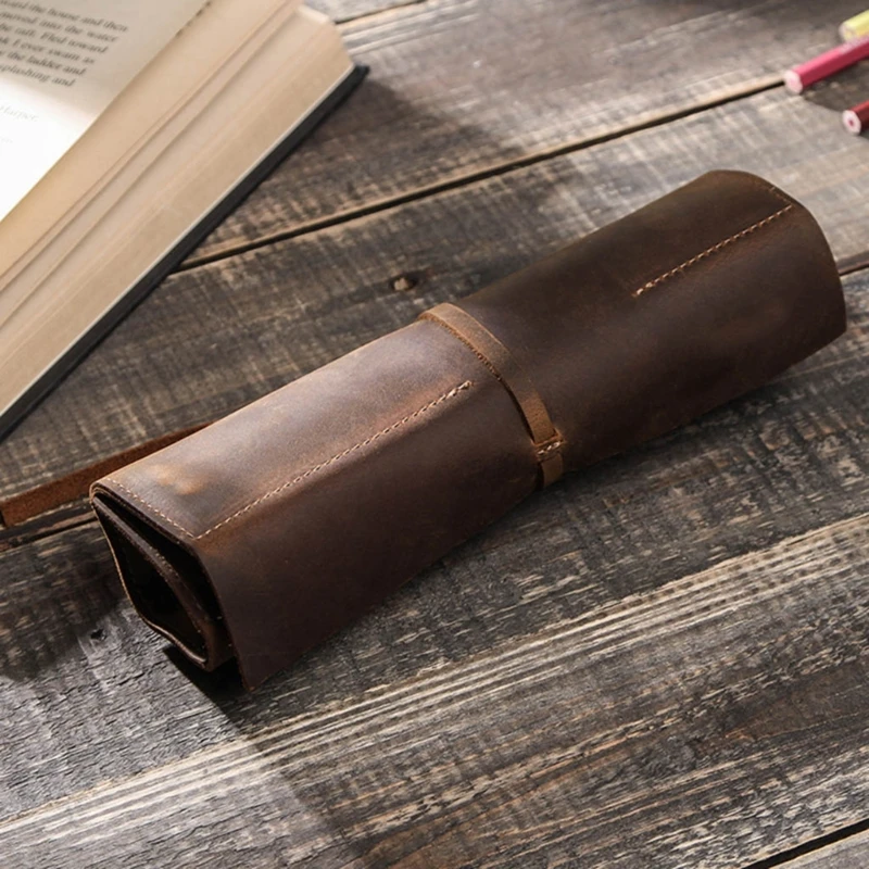 Retro Pencil for Case Handmade Genuine Leather Roll Up Pen Curtain Bag Wrap Holder Stationery School Supplies