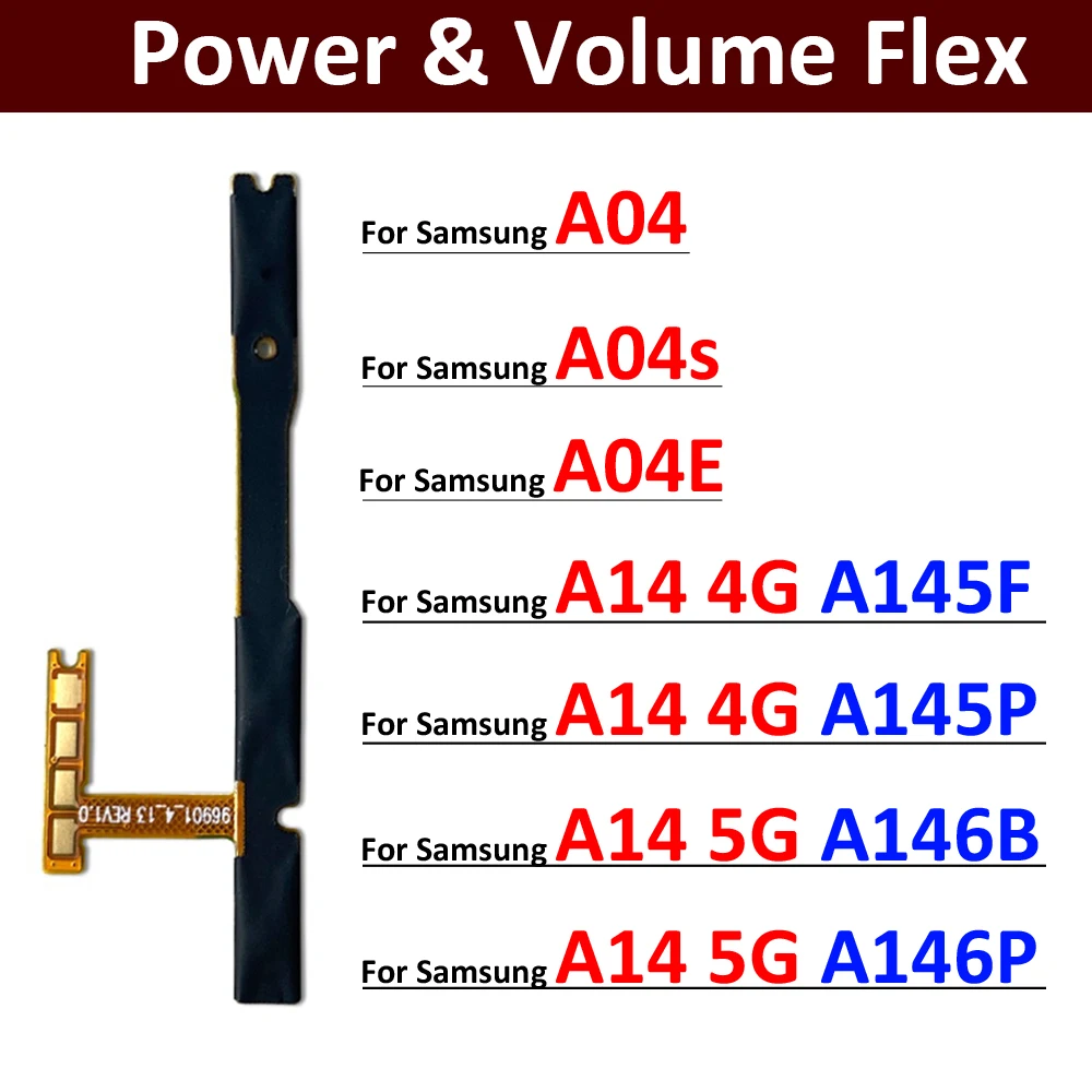 Desligue o botão, botão chave de Volume, cabo flexível, Samsung A04, A04s, A04E, A14, 4G, 5G, A145, A145F, A145P, A146, A146P, A146P, A146B