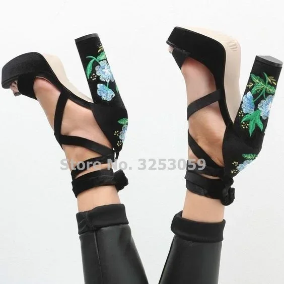 ALMUDENA صور حقيقية الزهور الحمراء فستان أحذية صندل كعب مكتنز صنادل أرضية التطريز الدانتيل متابعة أحذية الزفاف عبر Strappy مضخات