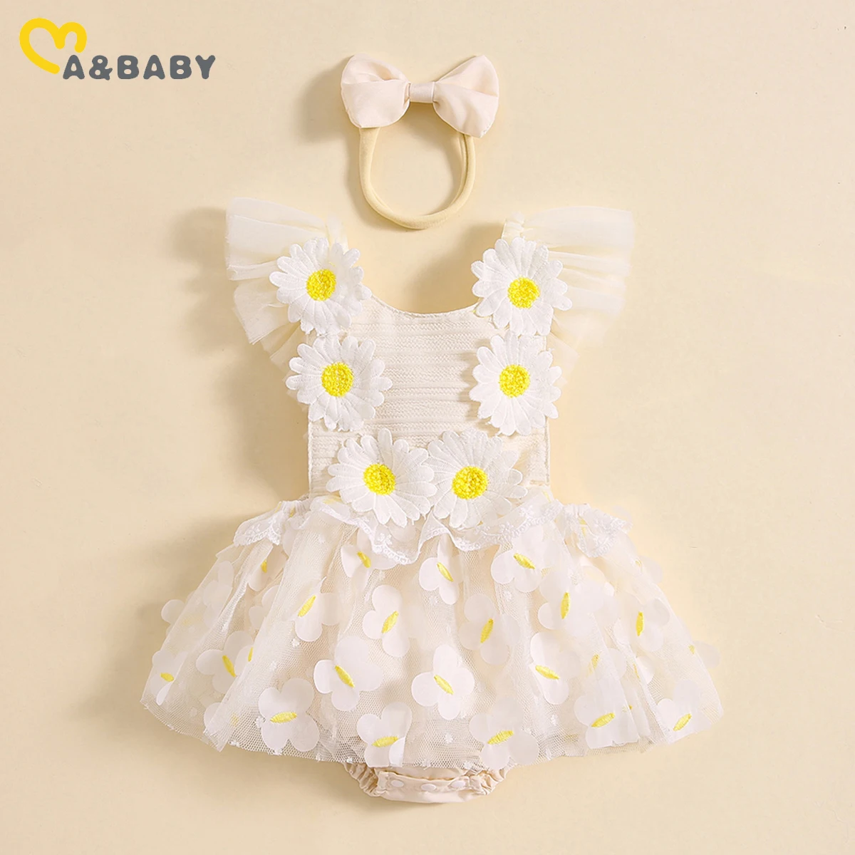 

ma&baby 0-18M Baby Girl Romper Newborn Infant Toddler Jumpsuit Floral Daisy Tulle Clothes+ Headband Outfits Summer