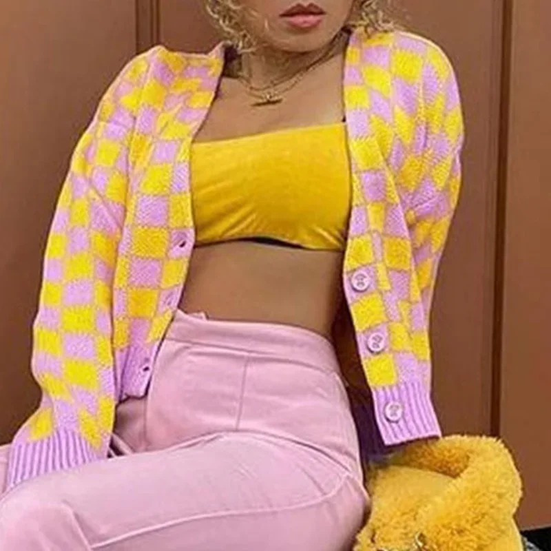 Cardigan Knitted V-neck Argyle Long Sleeve Sweet Single Breasted Short Sweaters Female Autumn Winter Women's Sweater Cardigans