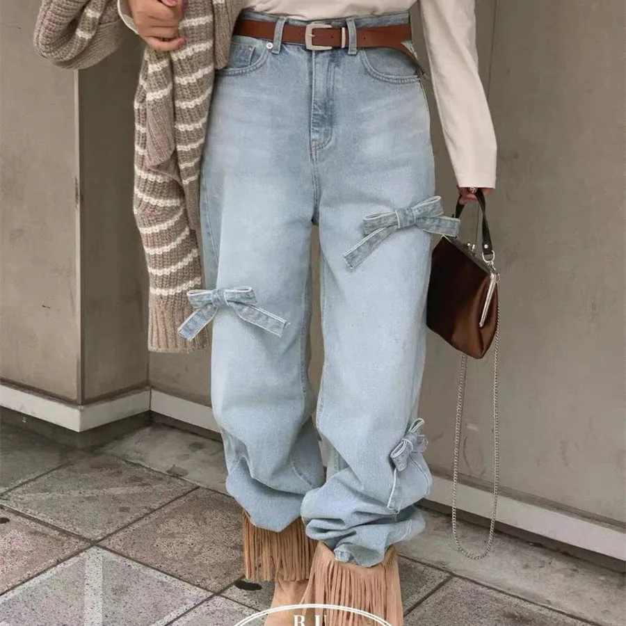 

Womens Pants 2026 Spring New Korean Version Solid Color Fashion Retro Vintage Bow Design Straight Leg Casual Denim Pants