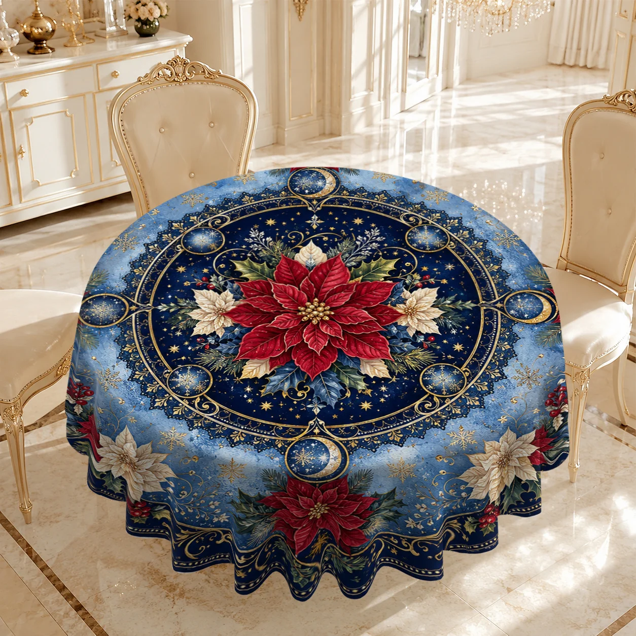 1pc Round Tablecloth, 2D Pattern Printed Round Tablecloth with Circular Floral Decorative Pattern Composed of Christmas