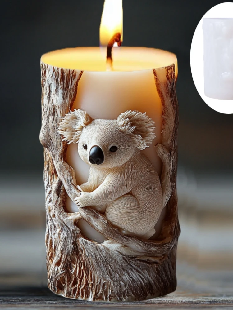 3D Koala Branch Relief Cylindryczna świeca Silikonowa forma Królik Niedźwiedź Cylindryczna forma świecy Wiewiórka Relief Żywica Formy gipsowe — zdjęcie 2