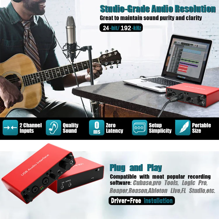 YYHC-DJ18 Dual microphone live studio 48v cs 22 audio interface Pro Music Guitar USB C sound card