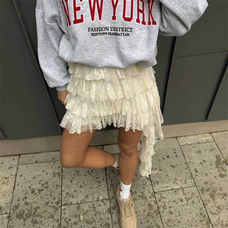 Lace Skirt Women High Waist Irregular Hem Layered Tulle Mini Skirt Spring Autumn Casual Party Wear Y2k Fashion Trendy Sheer
