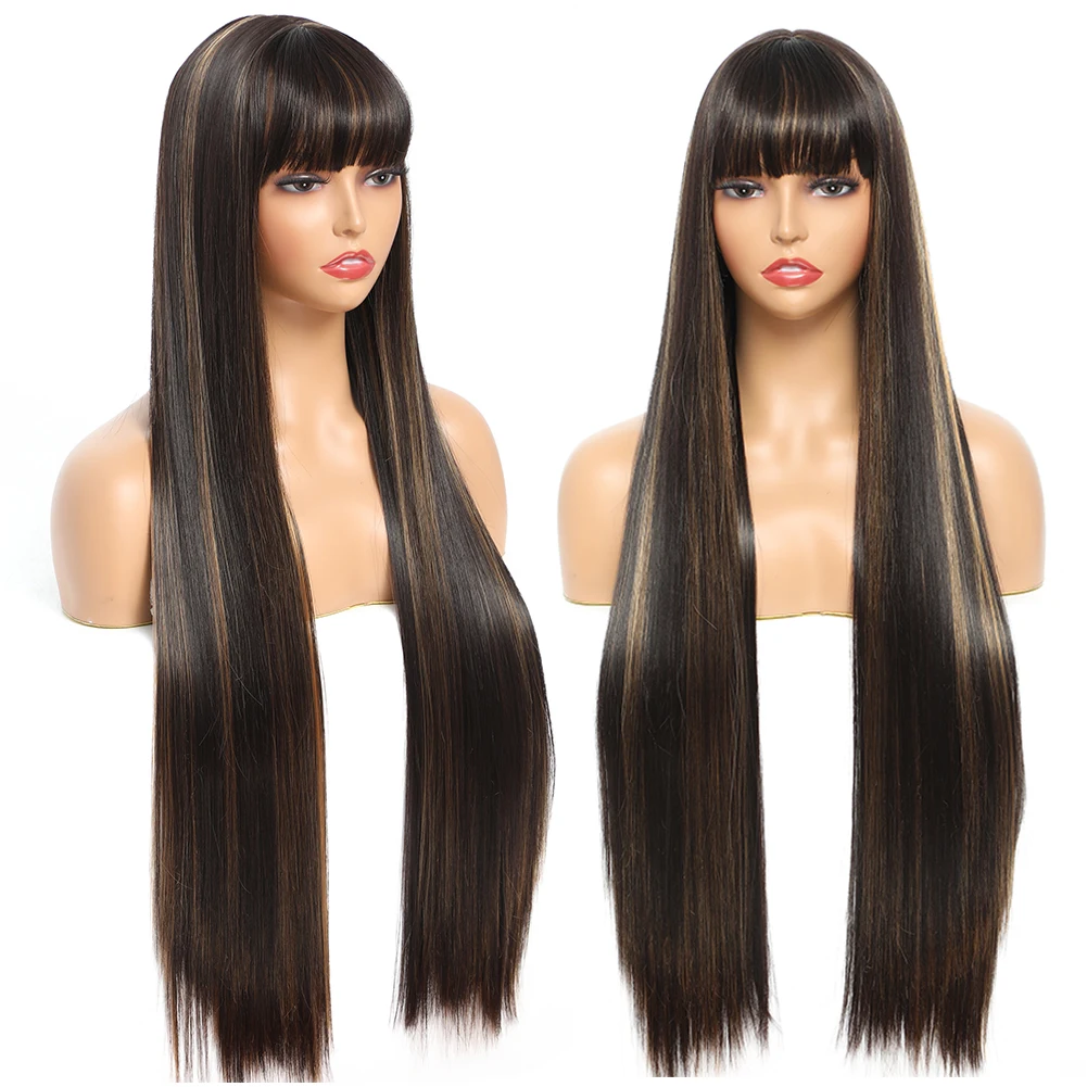 Wigs with Bangs for Women Synthetic Hair 32 Inch Super Long Straight Wig with Fringe for Ladies Cosplay Party Fancy Dress Daily