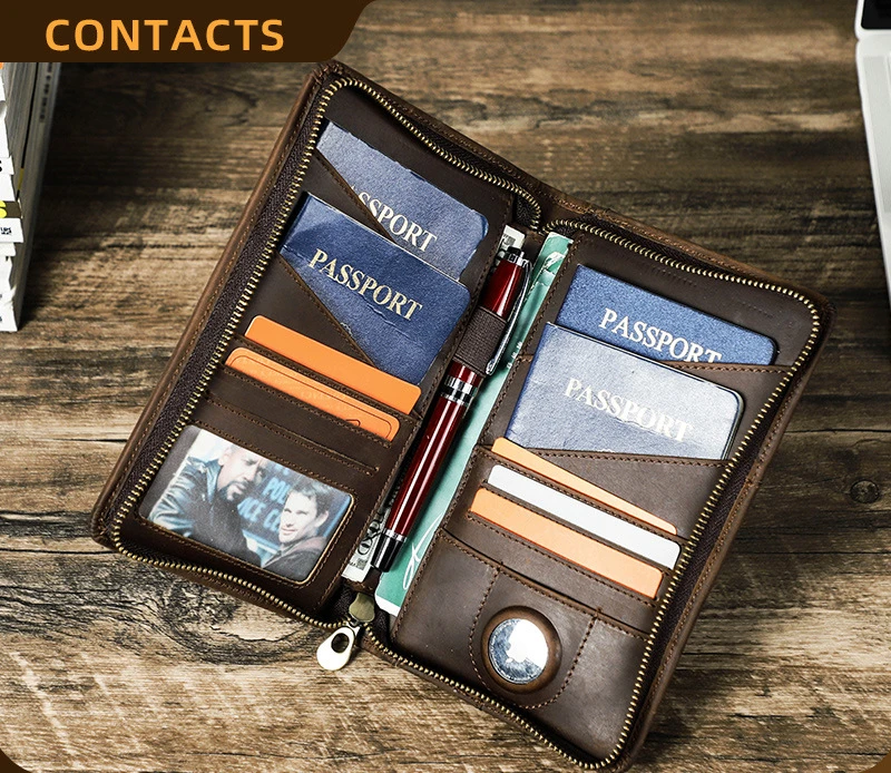 

Crazy Horse Cowhide airtag bit Travel family Passport storage bag Multi-functional large capacity zipper card passport wallet