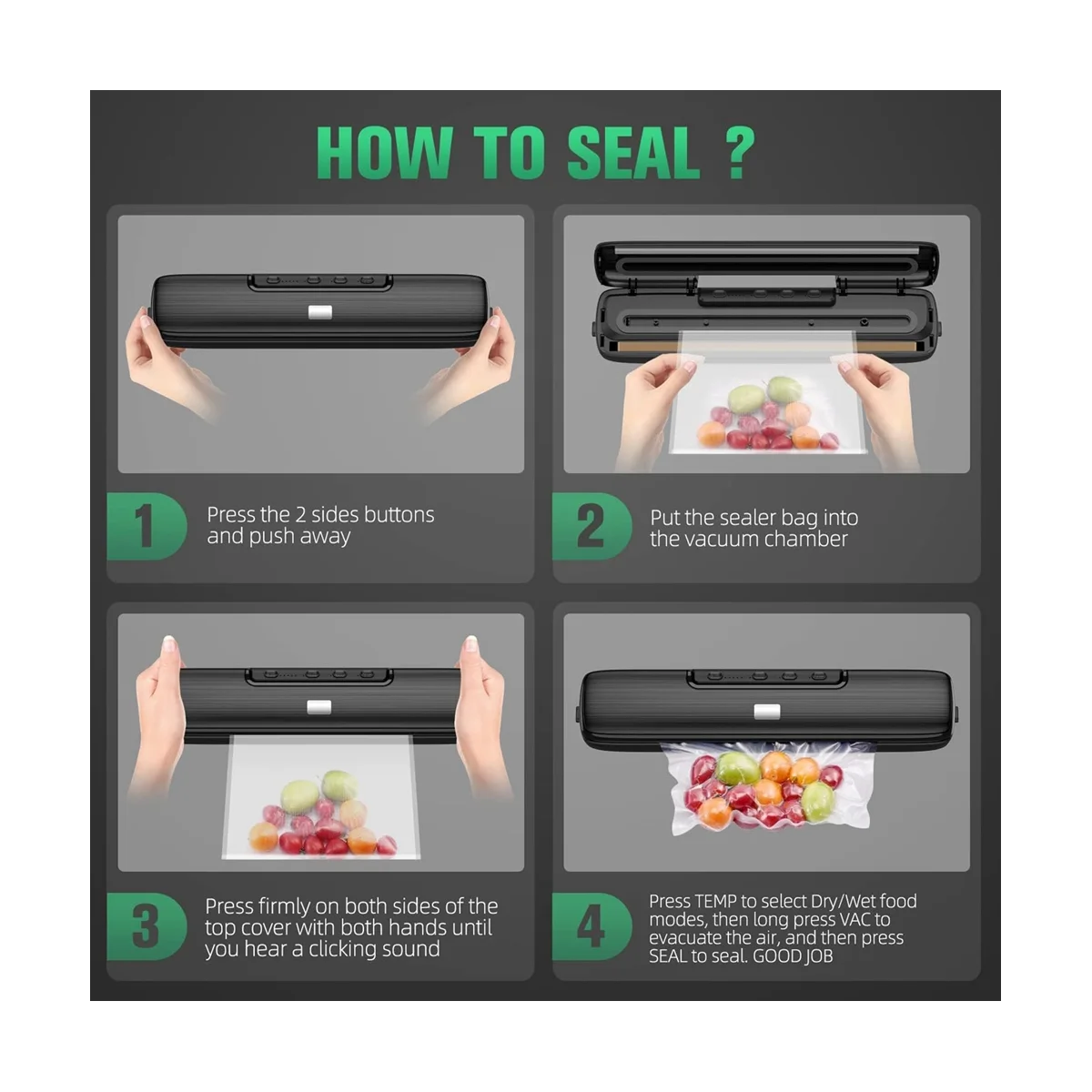 Machine sous vide automatique pour aliments, système de bancs d'air pour le stockage des aliments, sec et support avec kit de sacs scellés, noir, prise US