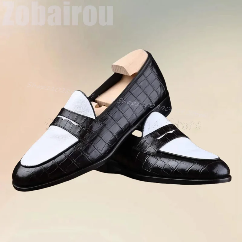 

Black White Crocodile Print Matte Leather Loafers Fashion Slip On Men Shoes Luxury Handmade Party Banquet Office Men Dress Shoes