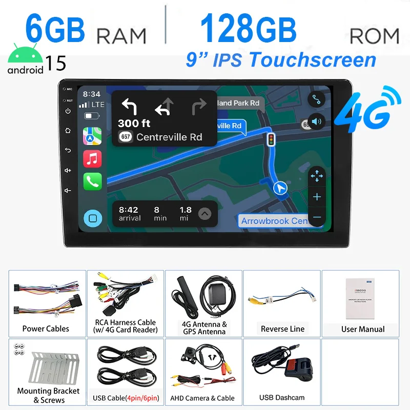 ESSGOO 7 "/9"/10 "Android15 8-Core 6 + 128G Autoradio Draadloos Carplay GPS Navi BT AM FM RDS WIFI QLED Touchscreen 4G LTE SWC 2 DIN