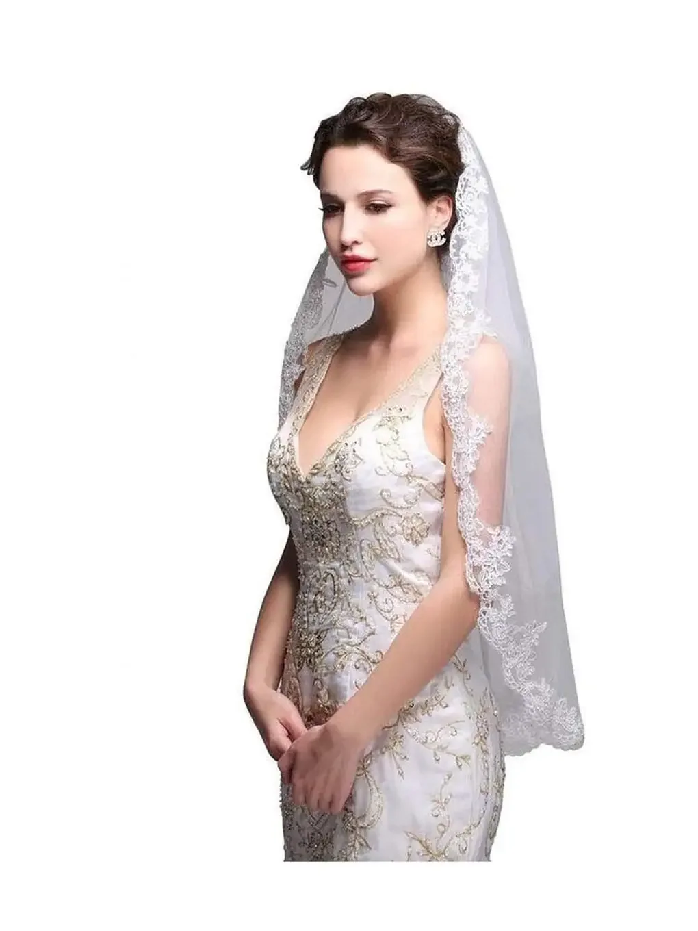 Women's Wedding 1T Fingertip Length Lace for Bride Embroidered Veil Comb Wedding Headpiece