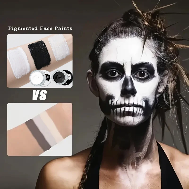 2개 블랙 화이트 할로윈 페이스 페인트 세트, 풍부한 색상, 고농도 색소 페이스 및 바디 페인트, 할로윈 캐릭터 역할극
