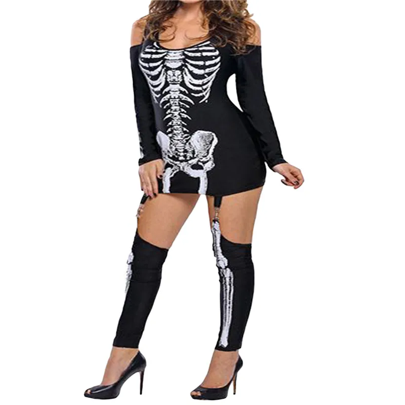 Women Halloween Costume Cold Shoulder Long Sleeve Scoop Neck Skeleton Printed Dress with Stockings Gothic Outfits Party Cosplay