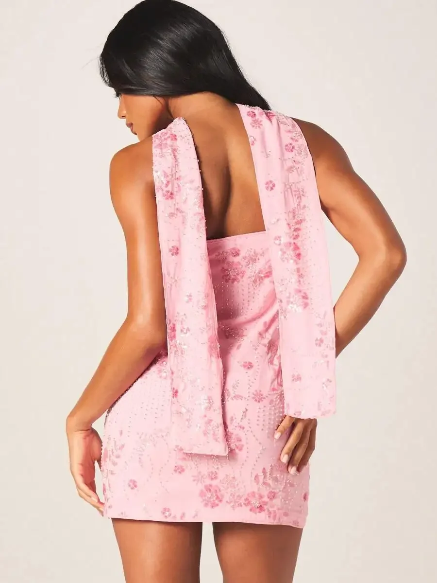 

Sequin Mini Dress Halter Neck With Matching Scarf Bodycon Party Evening Pink Sparkly Strapless Short Glamorous Special Occasion