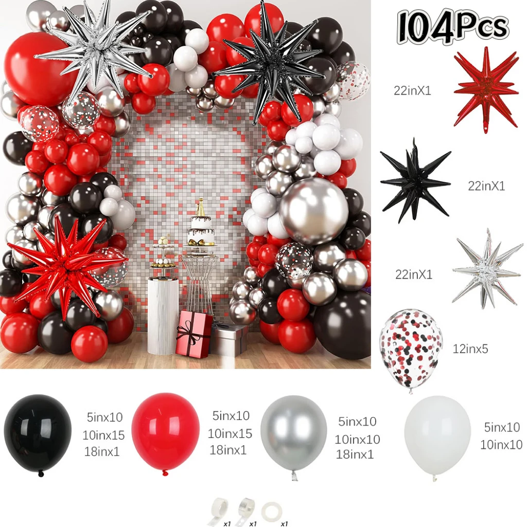 104Pcs Red and Black Balloon Arch Kit Metallic Silver Confetti Latex Balloons with Star for Birthday Wedding Party Decorations