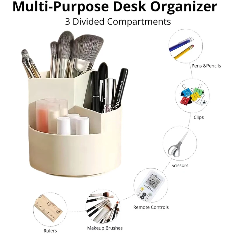 360 Rotating Pencil Pen Holder 3 Slots Makeup/Cosmetics Brushes Storage Organizer For Desk Table Vanity Countertop