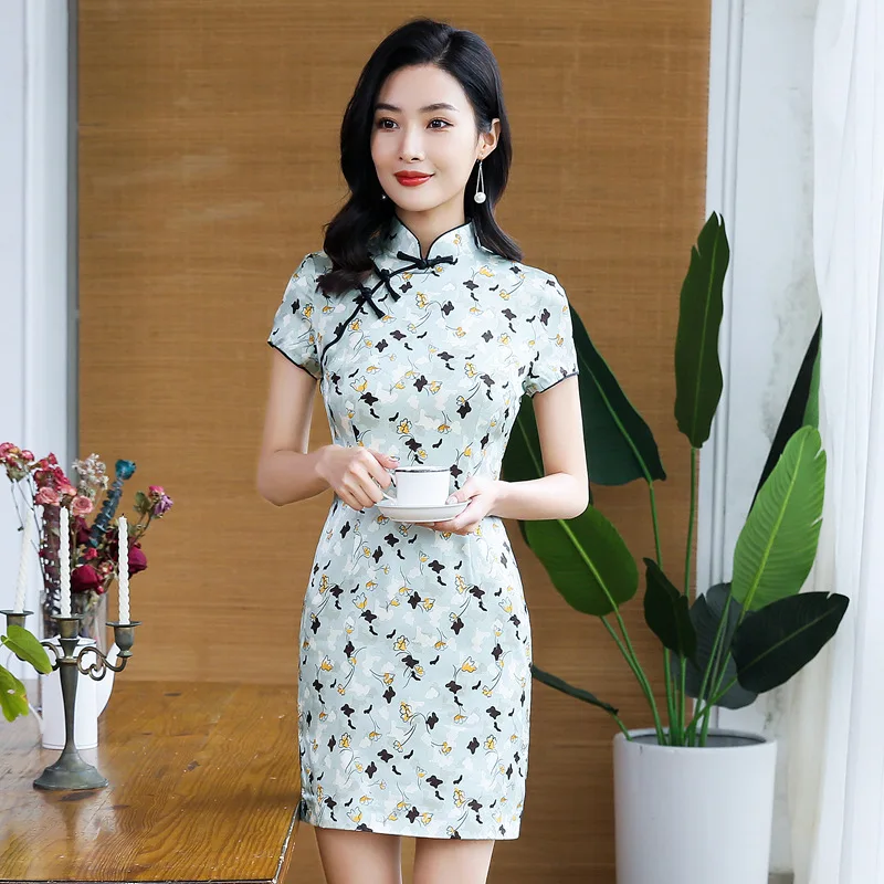 Summer New Short High Quality Real Silk Stand Collar Sleeve plus Size Green Printed Improved Cheongsam Qipao Women's Dress