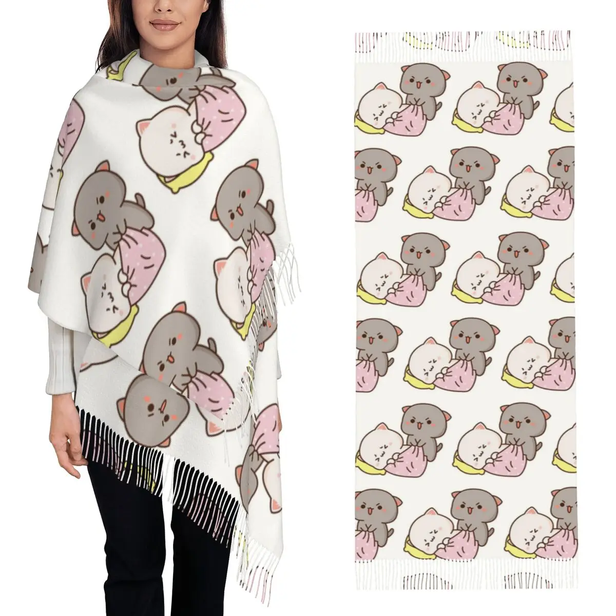 

Peach And Goma Mochi Cat Cuddling Scarf Tassel Scarves for Women Soft Warm Shawls and Wraps Long Fall Winter Shawl Wrap