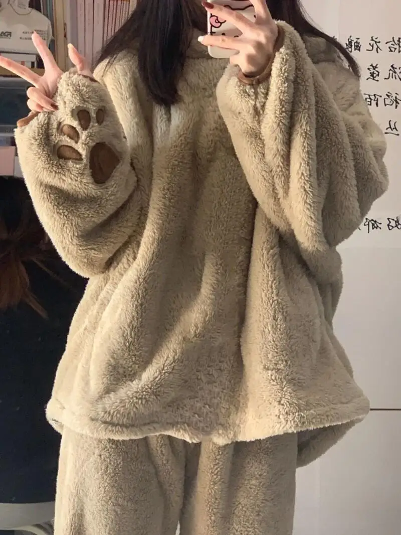 

cute Women's pajamas little bear coral fleece Sleepwear winter fleece-lined Pajama thicken flannel hooded cartoon homewear robe