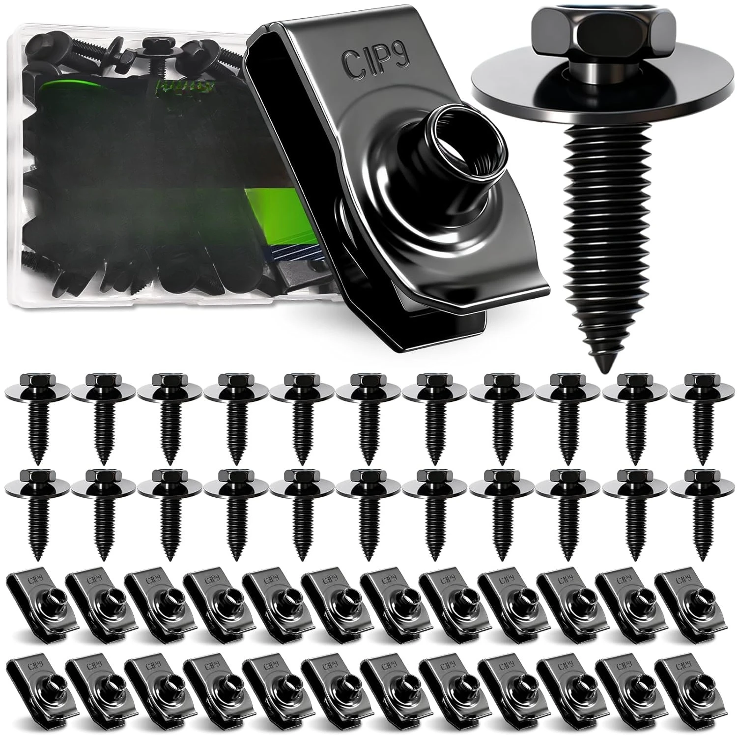 50PCS 1/4 U-Nut Clips & Hex Head Automotive Body Fender Bolts Kit,for Most Cars Fender,Engine Undertray Cover, Engine Cover