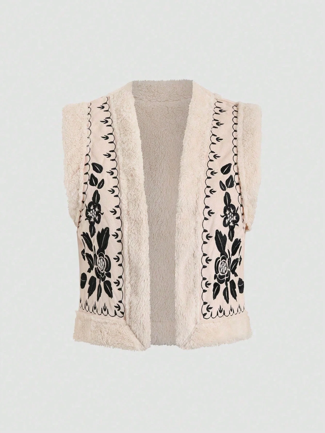Plush Floral Embroidered Sleeveless Right-Shoulder Jacket