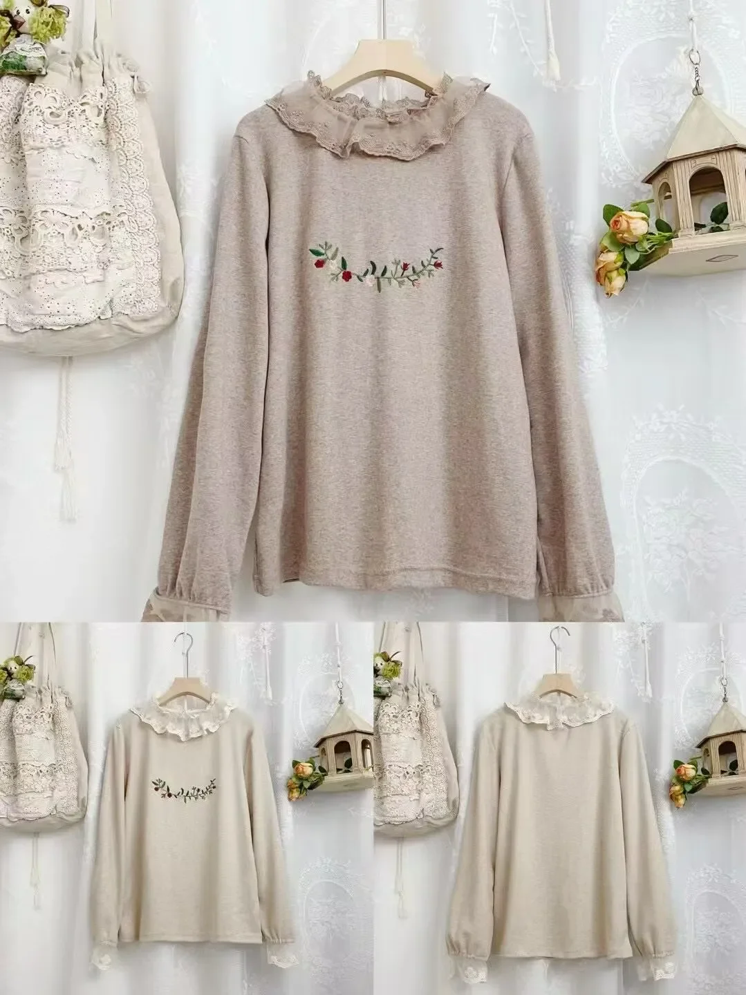 Autumn New Sweet Mori Girl Flower Embroidered Base T Shirt Women Long Sleeve Casual Loose Tops