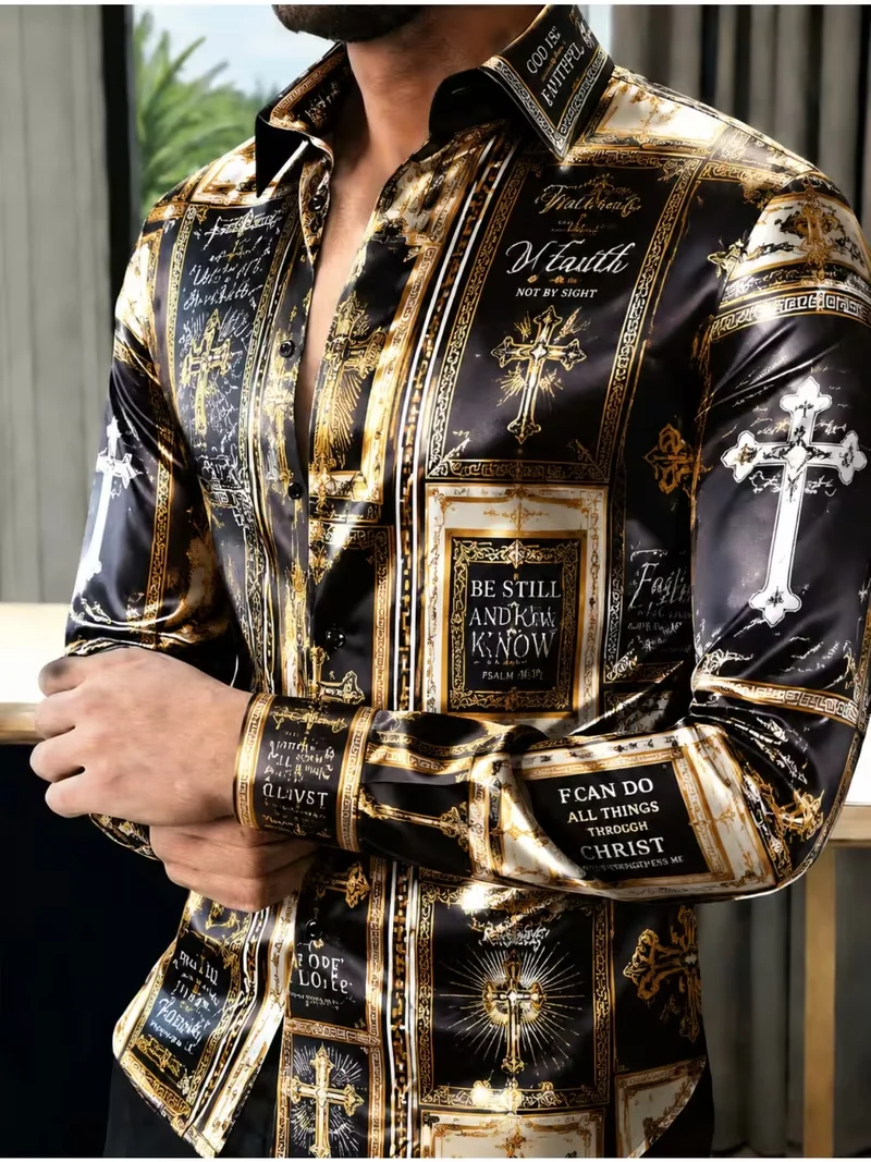 New Pumpkin Castle Moon Night Bright Face Slimming Long Sleeve Shirt with Dark Atmosphere Men's Party Shirt