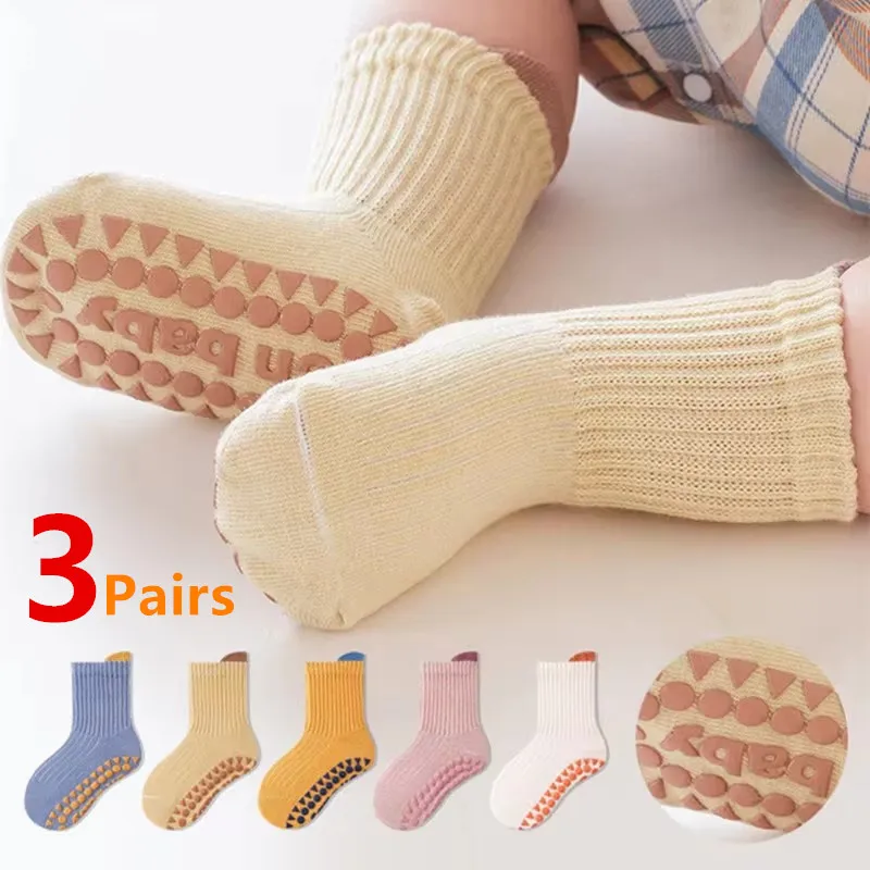 3Pairs/Lot Cotton Baby Anti-slip Socks For Boys Girls Low Cut Floor Kids Toddler Sock With Rubber Grips Socken For 0-6Years