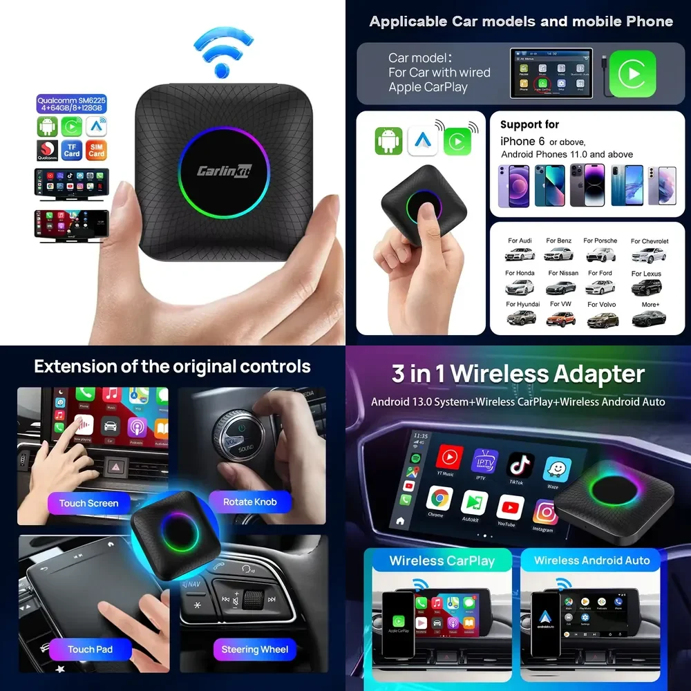 Carlinkit Tbox Ambient 64 ГБ 128 ГБ 8 ГБ Беспроводной адаптер CarPlay, портативный AI-бокс, донгл для Android Auto и Netflix