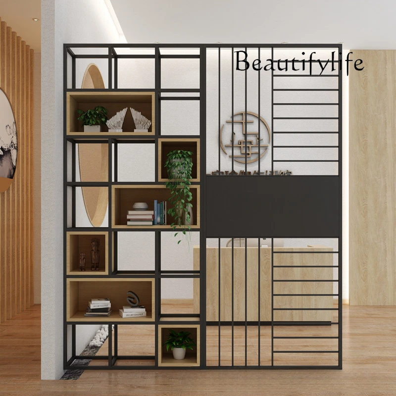 Modern simple wrought iron shelf, screen floor-to-ceiling bookshelf, multi-functional solid wood lattice partition wall