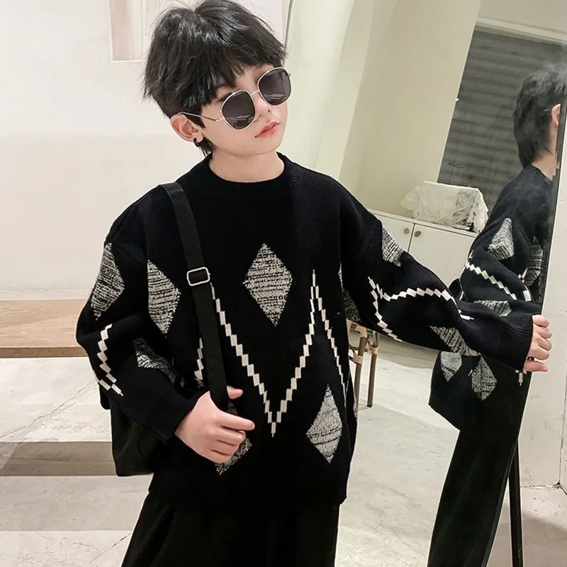 Boys Woolen Sweater Crochet Cotton Windbreak 2024 Fashion Plus Thicken Autumn Winter Outwear School Warm Children\'s Clothing