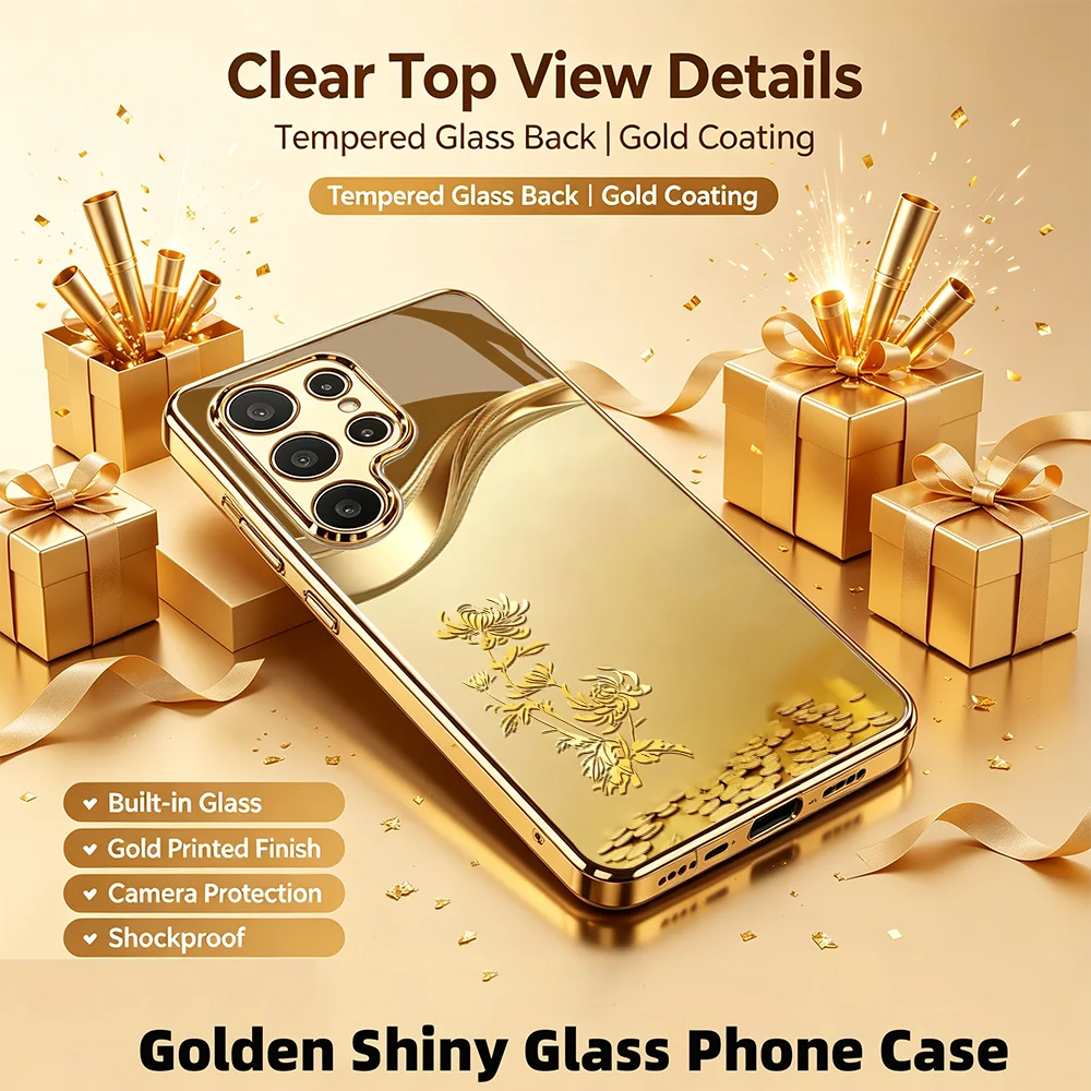Gold coin gold flower Tempered Glass TPU Fashion phone case for Samsung Galaxy S26/S25/S24/S23/S22/S21 FE Ultra Plus Shockproof