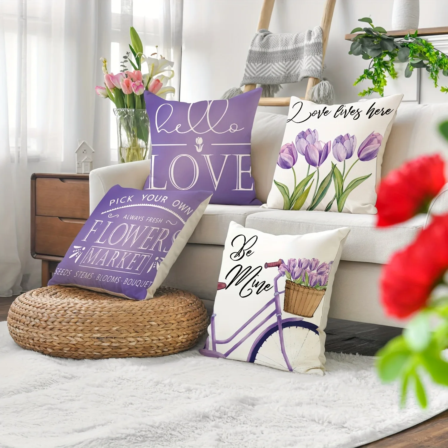 Valentine's Day decoration pillowcase love theme purple tulip bicycle pattern printing cushion cover suitable for home room sofa