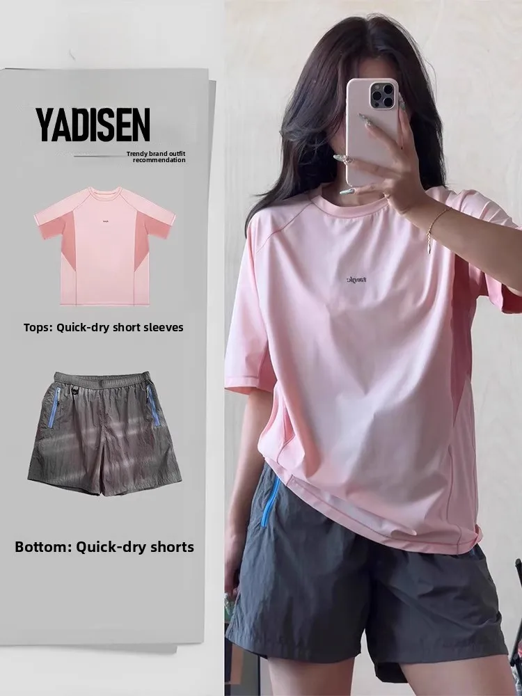 퀴 드라이 아이스 실크 스포츠 세트 여성용 여름 얇은 운동복 야외 사이클링 배드민턴 커플용 경량 라운드 넥