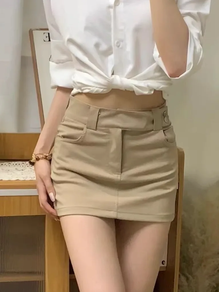Khaki Color High Waist Slimming Half-length Skirt with Side Buckle Anti-exposure Short Skirt for Women Commute Style Casual C...