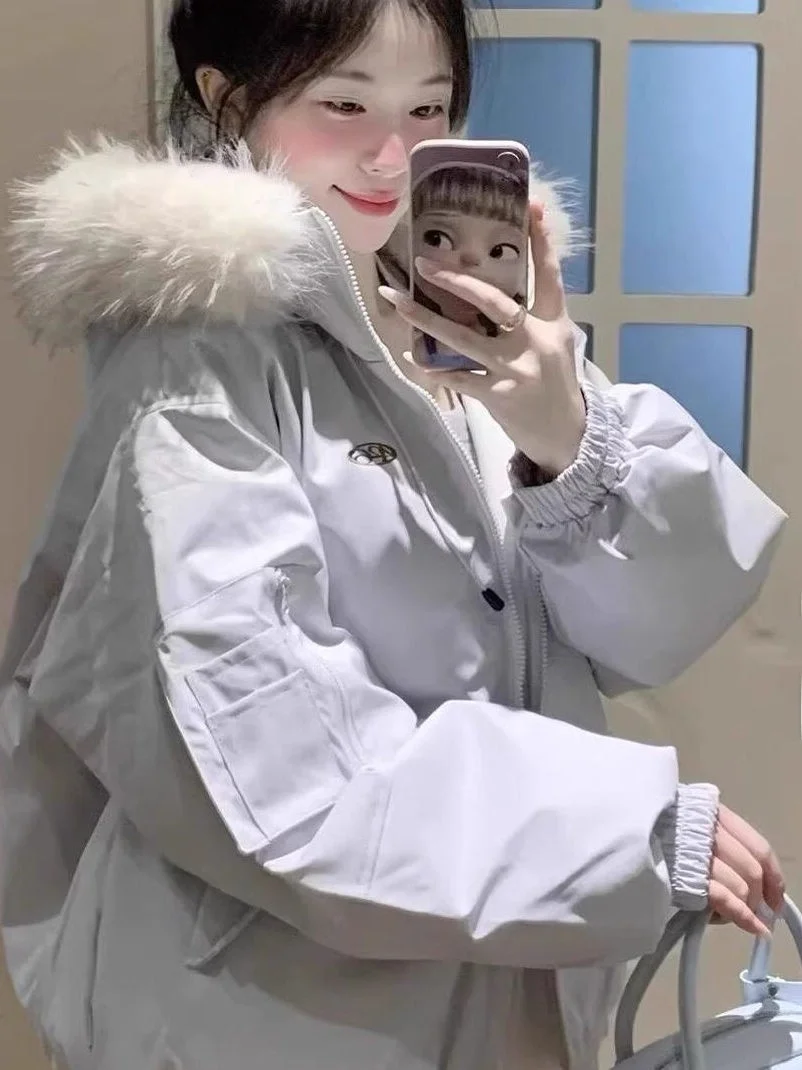 

Ladies Thiened Cotton Hooded Cardigan Coat Winter Loose Slimming Fur Collar Jaet Korean Sle Long Sve Zipper Closure