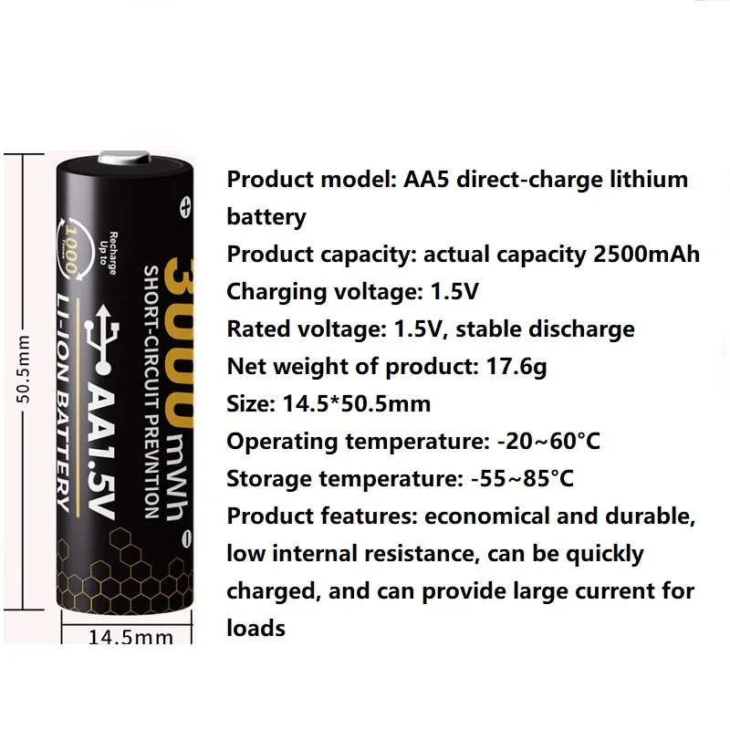 

4 шт., экологически чистая литиевая батарея типа АА с прямой зарядкой, 3000 МВтч, большая емкость, игрушечный будильник, умный замок, батарея