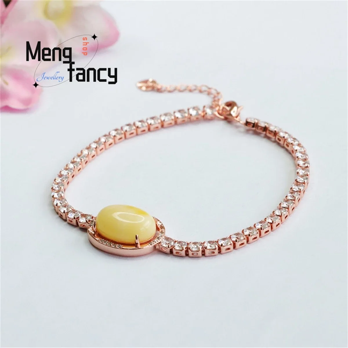 

Natural Honey Wax Chicken Oil Yellow Amber Egg Noodles Large Row Diamond Bracelet Couple Luxury Elegant Fashion Women Jewelry