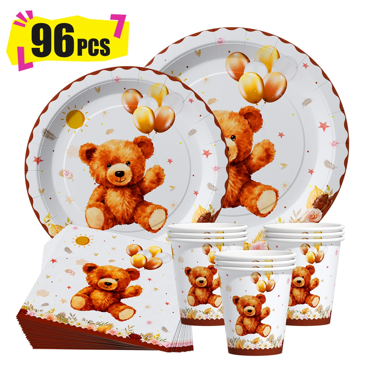 Brown Bear Party Paper Plates Children's Birthday Party Tableware Set Disposable Paper Cups Napkins and Plates Set