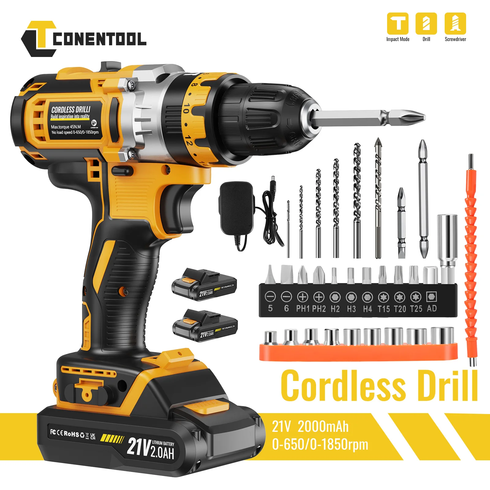 21V Electric Screwdriver, Cordless Screwdriver Set 25+3 Torque Setting 2000mAh Rechargeable Battery with LED Worklight & Charger