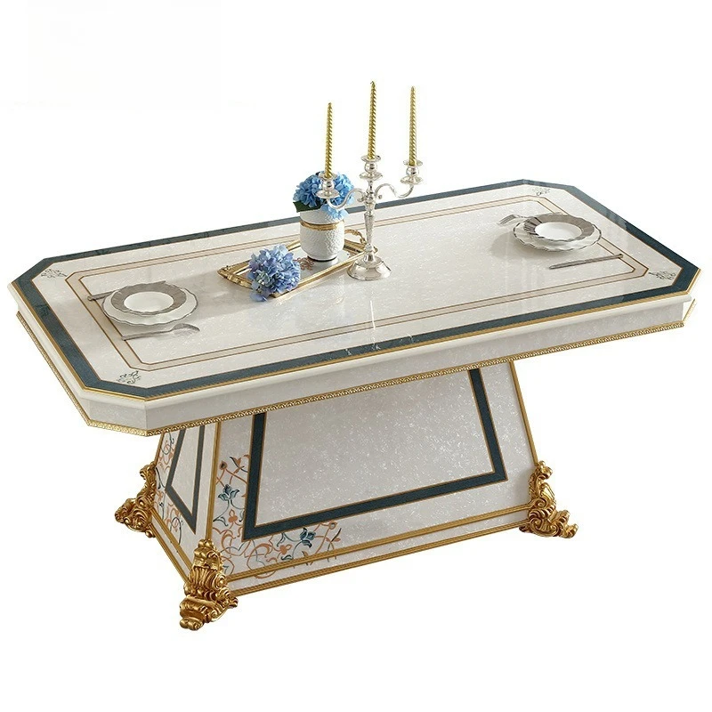 Long dining table, dining chair and chair combination, European dining room furniture, solid wood carved shell veneer