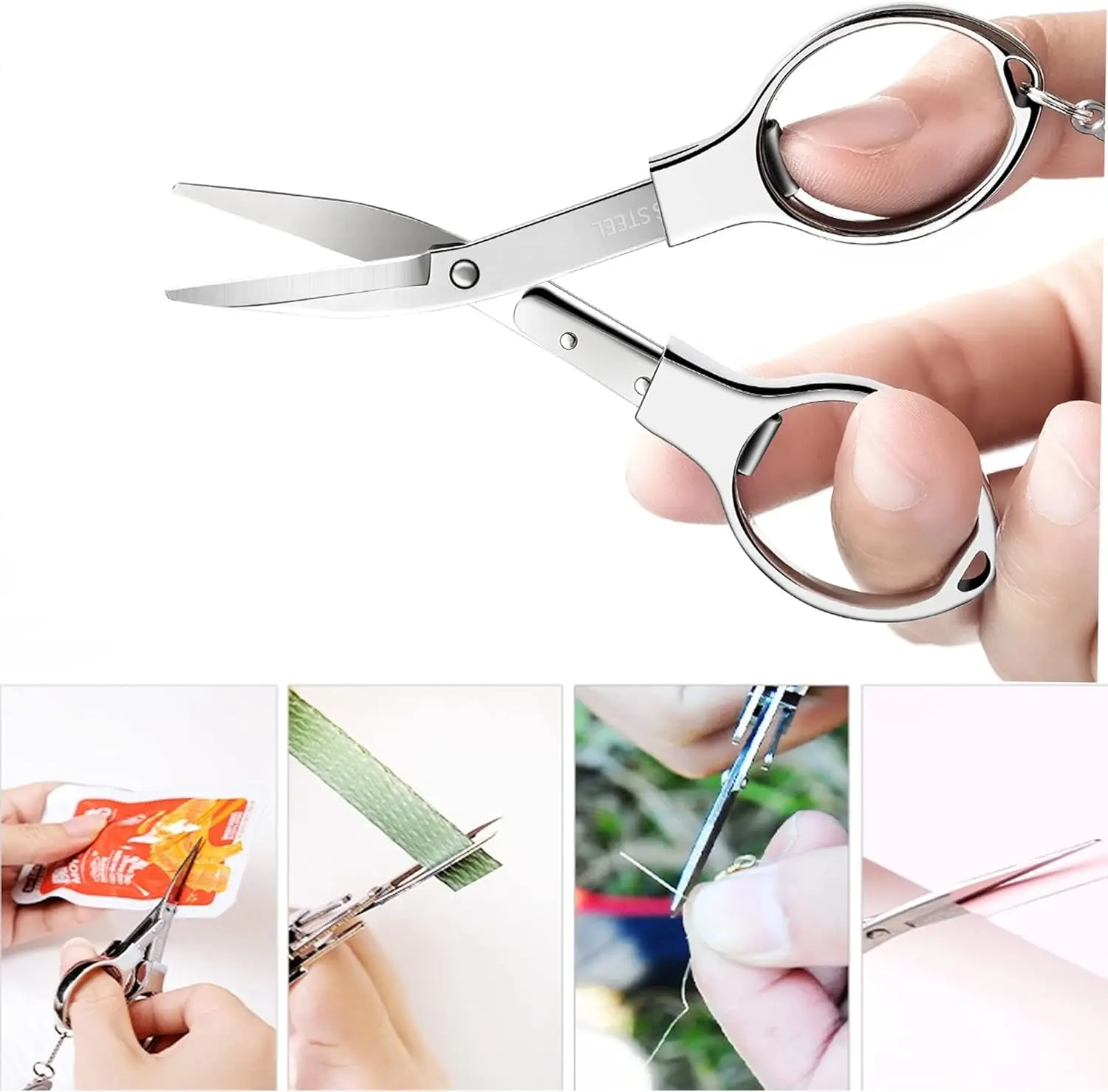 12Pcs Foldable silver scissors with stainless steel blades and a plastic handle. Ideal for school, office, home, and DIY crafts