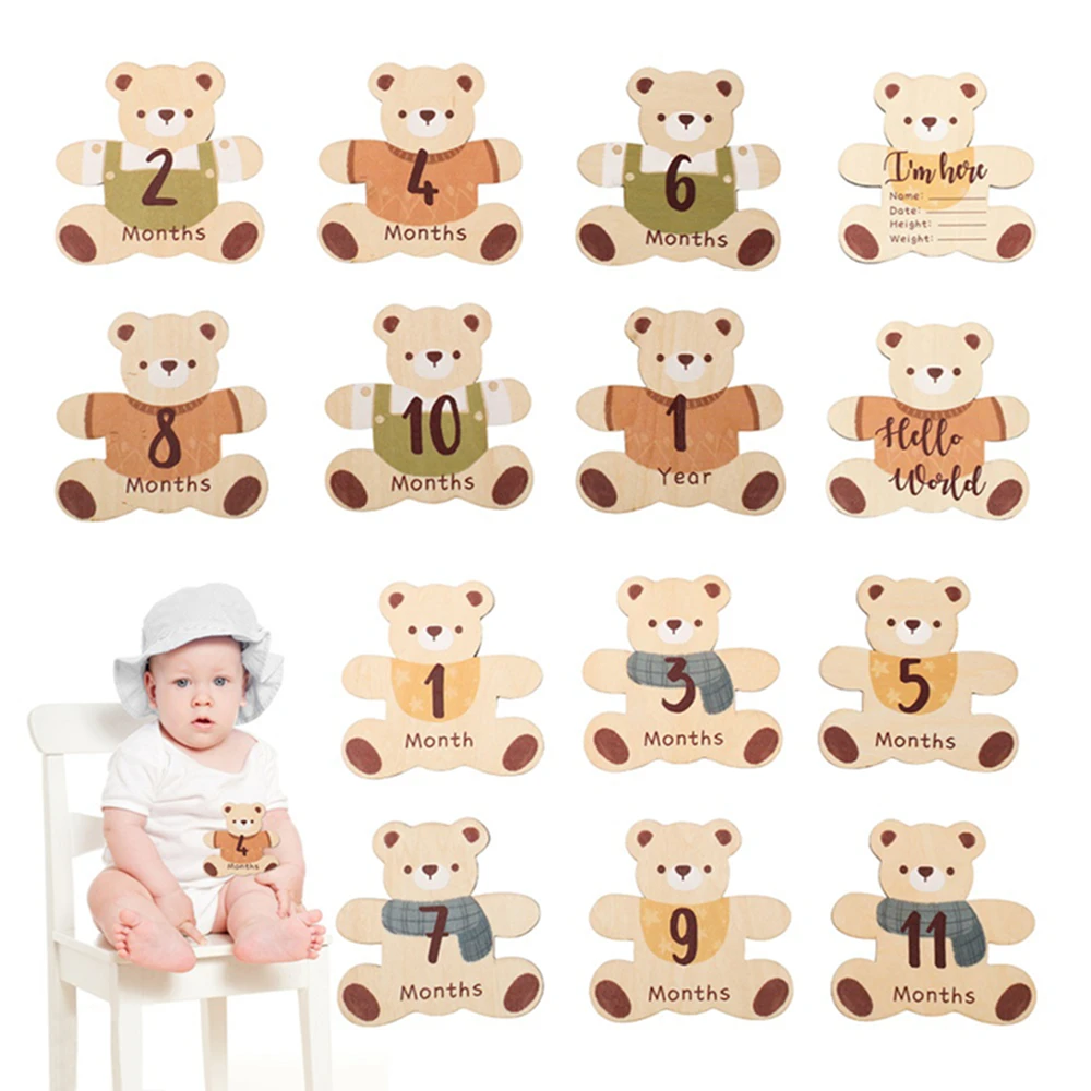 Baby Wooden Milestone Cards Bear Number Monthly Memorial Cards Props Engraved Age Photography Accessories Newborn Birthing Gift