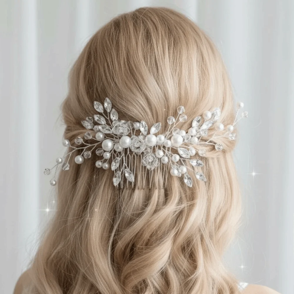 New Pearl Bridal Headdress Rhinestone Elegant Flower Crystal Hair Comb Insert Comb Women