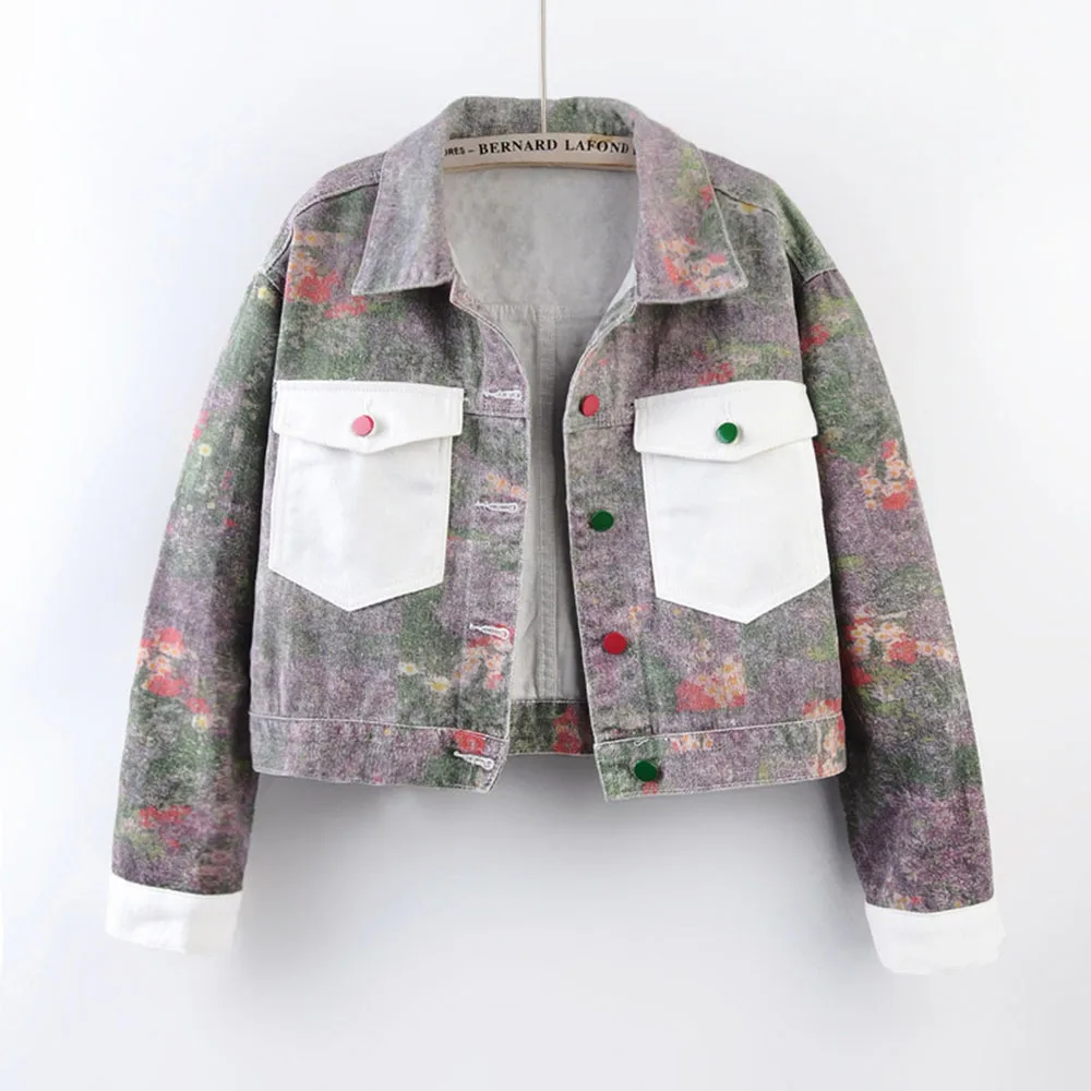 

Джинсовая куртка с цветочным узором в стиле колор-блок, с отложным воротником, свободного кроя, короткая, женская, повседневная