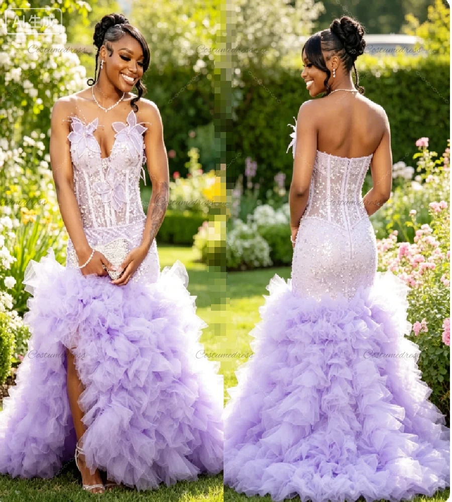 

Lavender Sequin Mermaid Prom Dress 2026 Sheer Corset 3D Flowers Evening Dresses Plus Size Aso Ebi Ruffles Tiered Formal Party