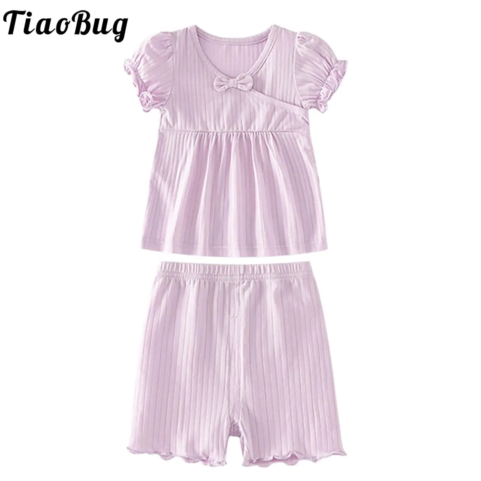 

2Pcs Toddler Baby Girl Summer Clothes Ribbed Knit Short Sleeve Tops And Elastic Waist Shorts Set Casual Sleepwear Homewear