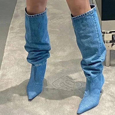 Pre-Sale Light Blue Denim Women Knee Boots Stacked Brand Design Booties Concise Pointed Stiletto Heels Slip On Street Style Shoe