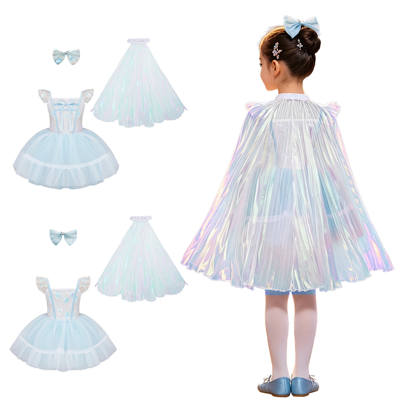 Kids Girls Dance Ballet Tutu Princess Performance Outfits Fly Sleeves Bow Sequin Bodice Layered Tulle Dress with Cloak Headwear